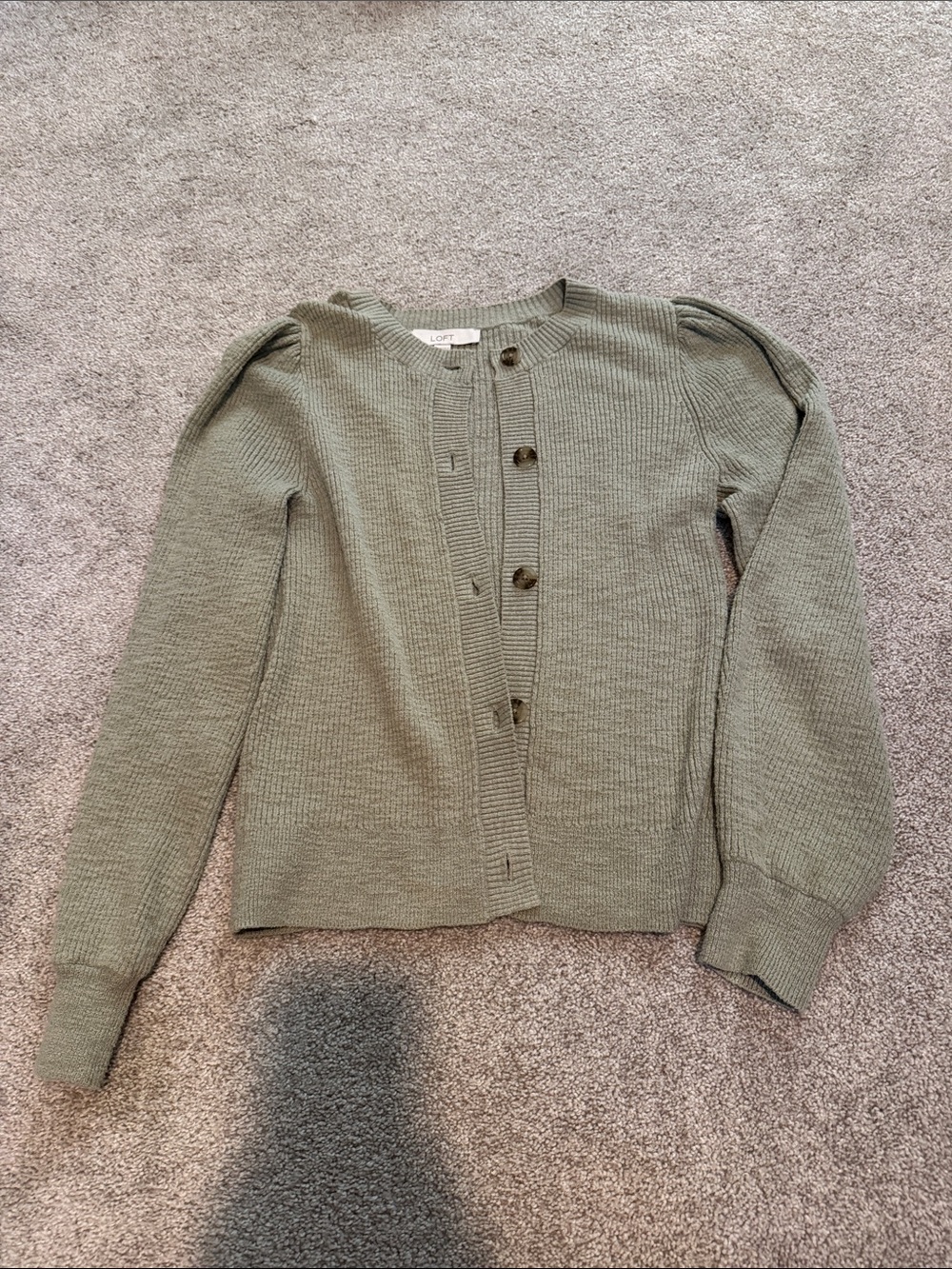 LOFT Olive Green Puff-Sleeve Button-Front Cardigan